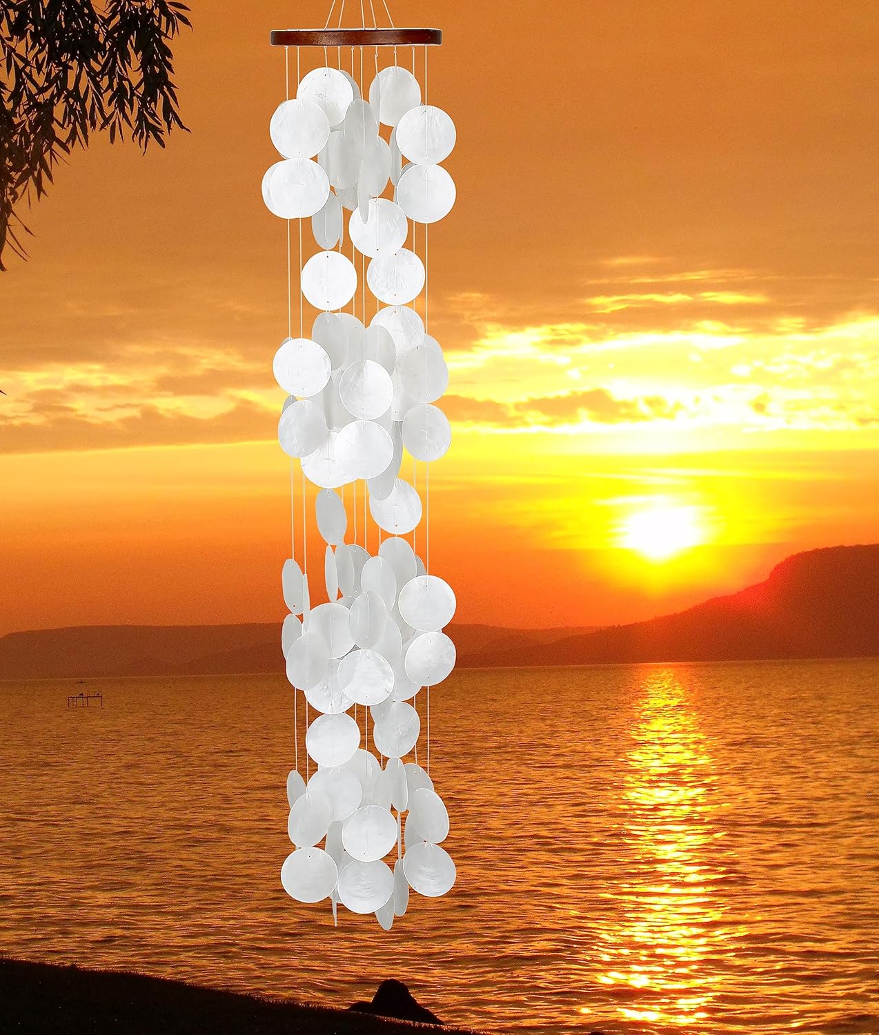 Woodstock Wind Chimes for Outside, Outdoor Decor, Garden, Porch, and Patio Decor, (40") Decorative Wind Chime, Dorm Room Decor, Teen Decor, Capiz Waterfall, White Blanca Capiz Wind Chime (CWRB)