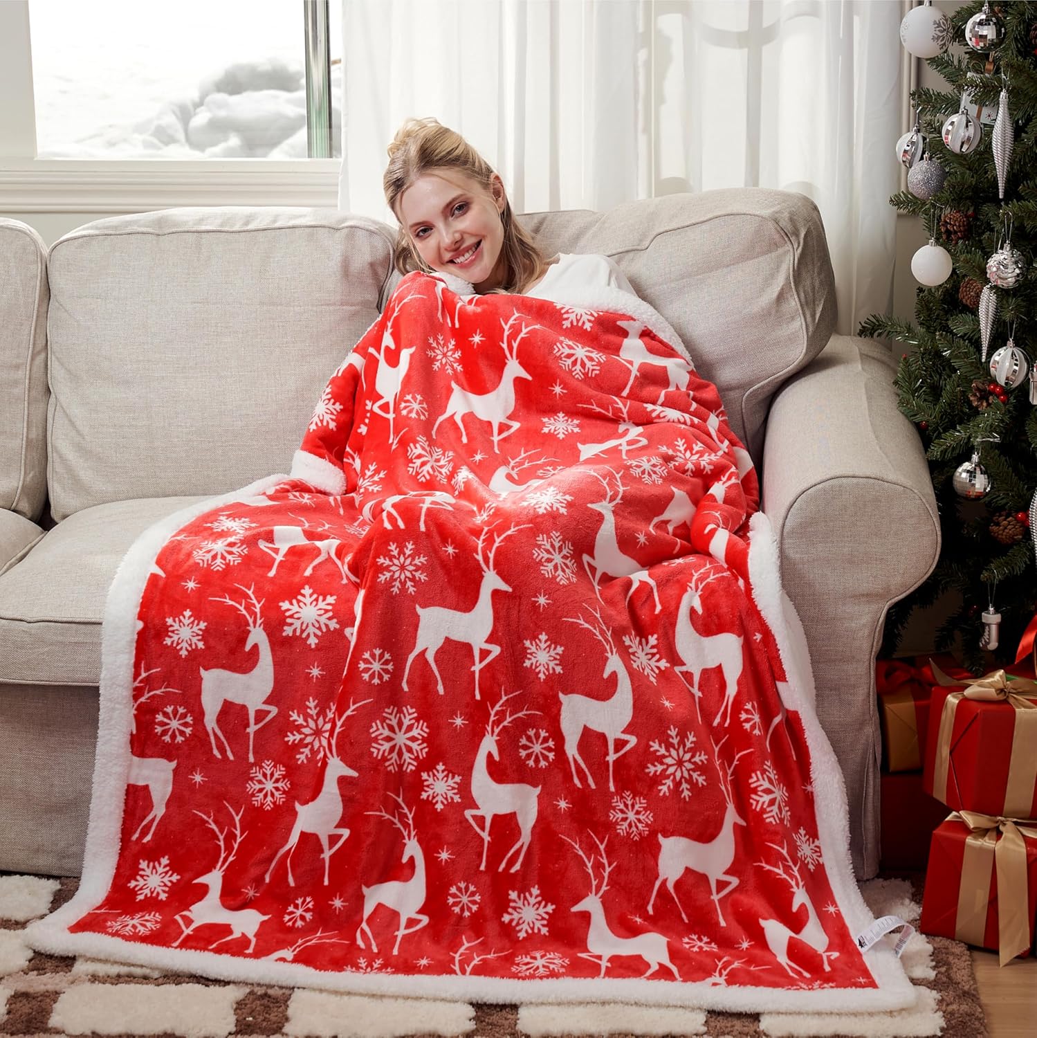 Joiedomi Christmas Throw Blanket - Soft Sherpa Fleece Christmas Blanket - Reversible Warm Plush Holiday Decorative Throw - Winter Cozy Present Throw for Couch - 50” x 60" Red Reindeer - Image 3