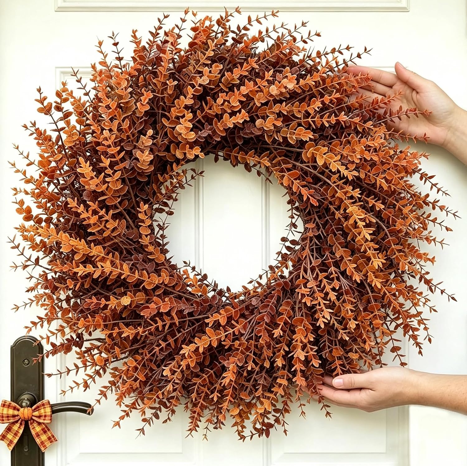26in Large Artificial Autumn Eucalyptus Wreath (Fall Orange) | Fake Full Eucalyptus Leaves Wreath, for Front Door,Porch,Window,Farmhouse,Harvest Festival,Outdoor Autumn Decor
