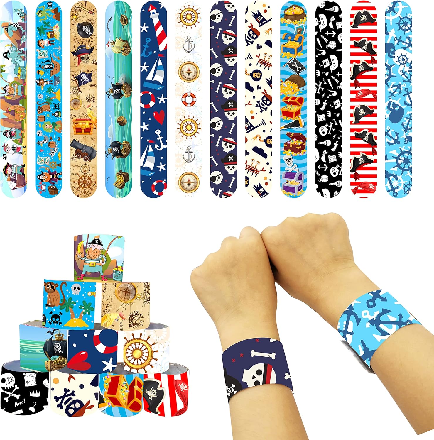 48 Pcs Slap Bracelets for Kids Pirate Party Favors Toys Slap Bracelets Bulk Snap Bracelet for Boys Birthday Party Supplies Classroom Prizes Exchanging Gifts Christmas Easter Halloween Holiday Gifts - Image 6