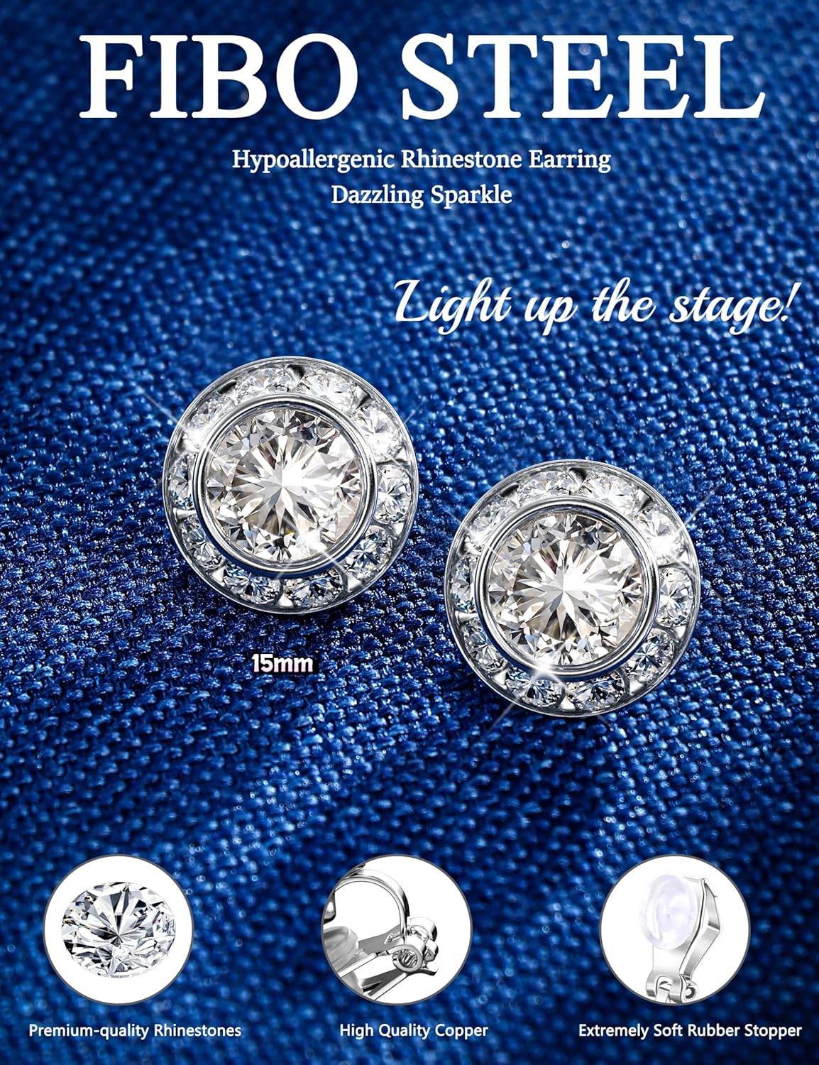 FIBO STEEL Clip on Halo Earrings Rhinestone Earrings Crystal Earrings for Women Round Acrylic Stone Inside Dance Competitions Stage Opera Performance Wedding Party Jewelry - Image 2