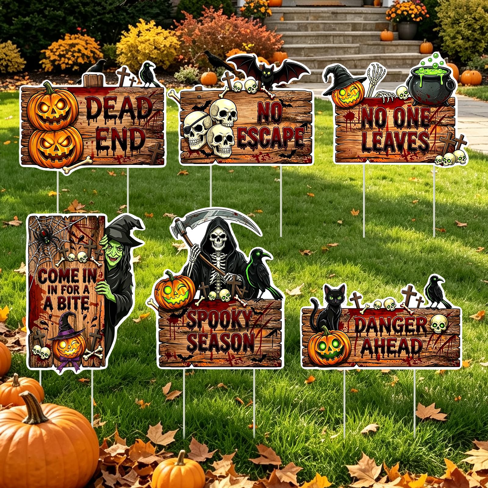 6PCS Halloween Yard Signs Decorations, Scary Signs with Stakes for Garden