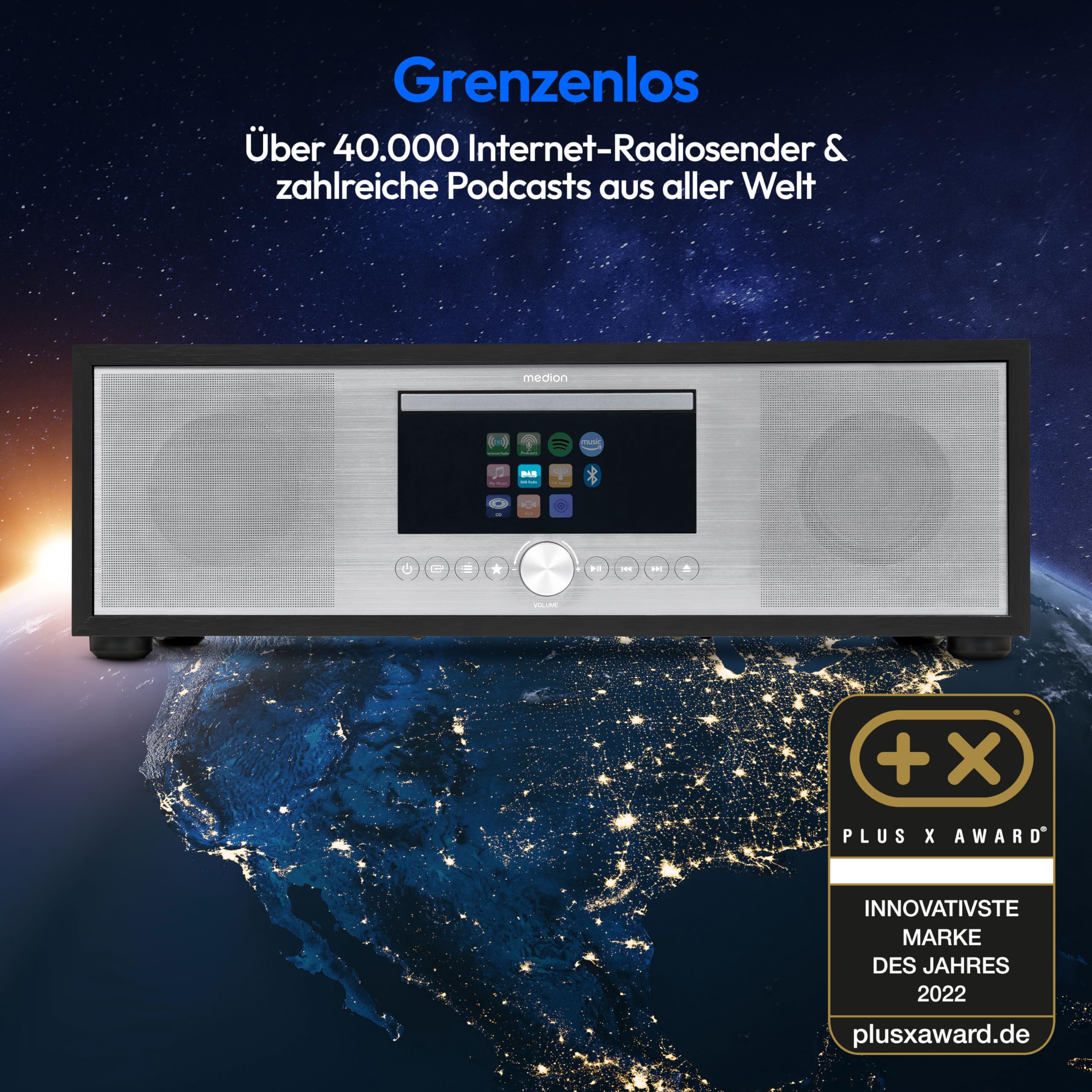 MEDION P66400 Stereoanlage (Internetradio, DAB+, CD/MP3-Player, Spotify Connect, Amazon Music, PLL UKW Radio, USB, AUX, Kompaktanlage, Subwoofer Weckfunktion, Sleep Einschlafautomatik) Silber