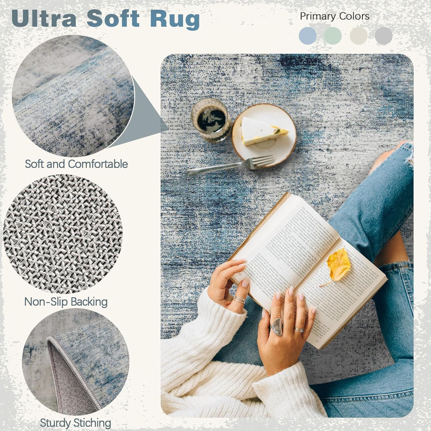 Washable Rug 6x9 Area Rug：Large Abstract Non Slip Rugs Neutral Soft Low Pile Carpet for Living Room Bedroom Nursery Dining Room Office (Blue, 6'x9')