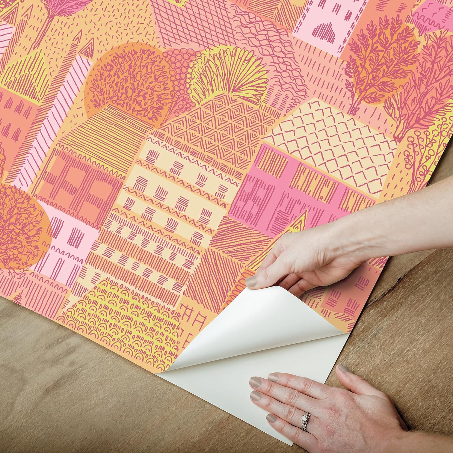 Charming Village Pink & Orange Peel and Stick Wallpaper by RoomMates, RMWS1235