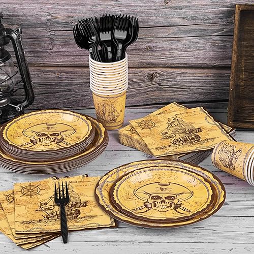 Miniatura 5 de durony Juego de vajilla de pirata de 144 piezas, platos de fiesta pirata, tazas, servilletas, suministros de fiesta de pirata, regalos temáticos de