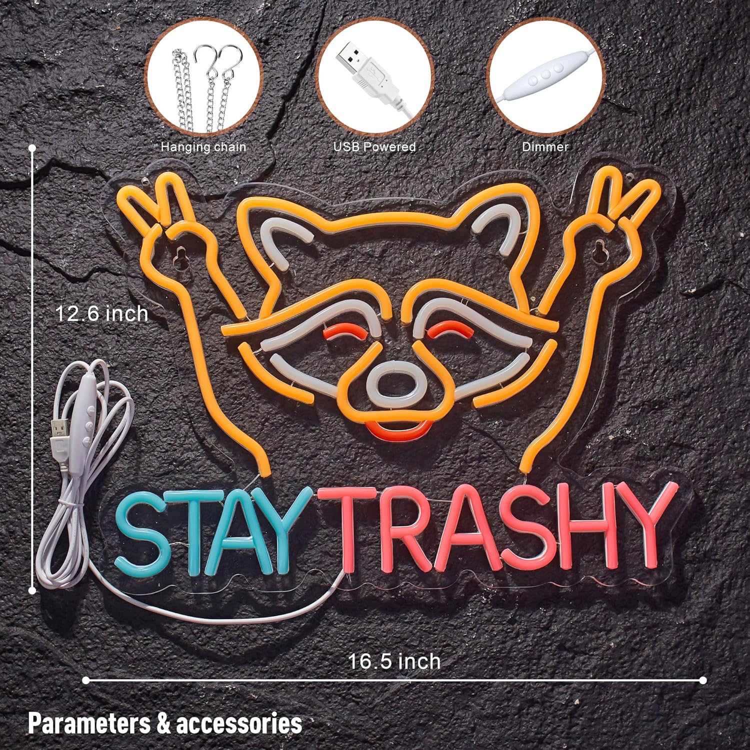Stay Trashy Racoon Neon Sign for Wall Decor LED Light USB Powered Dimmable Art Signs for Bar Pub Store Man Cave Kids Room 16.2 X 12.6 inch - Image 5