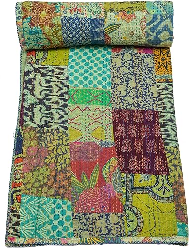 Vista 95 de Marubhumi Edredón tradicional indio de algodón puro, estampado de cachemira, colcha Kantha multicolor (multicolor-22, individual (60 x 90 pulgadas)