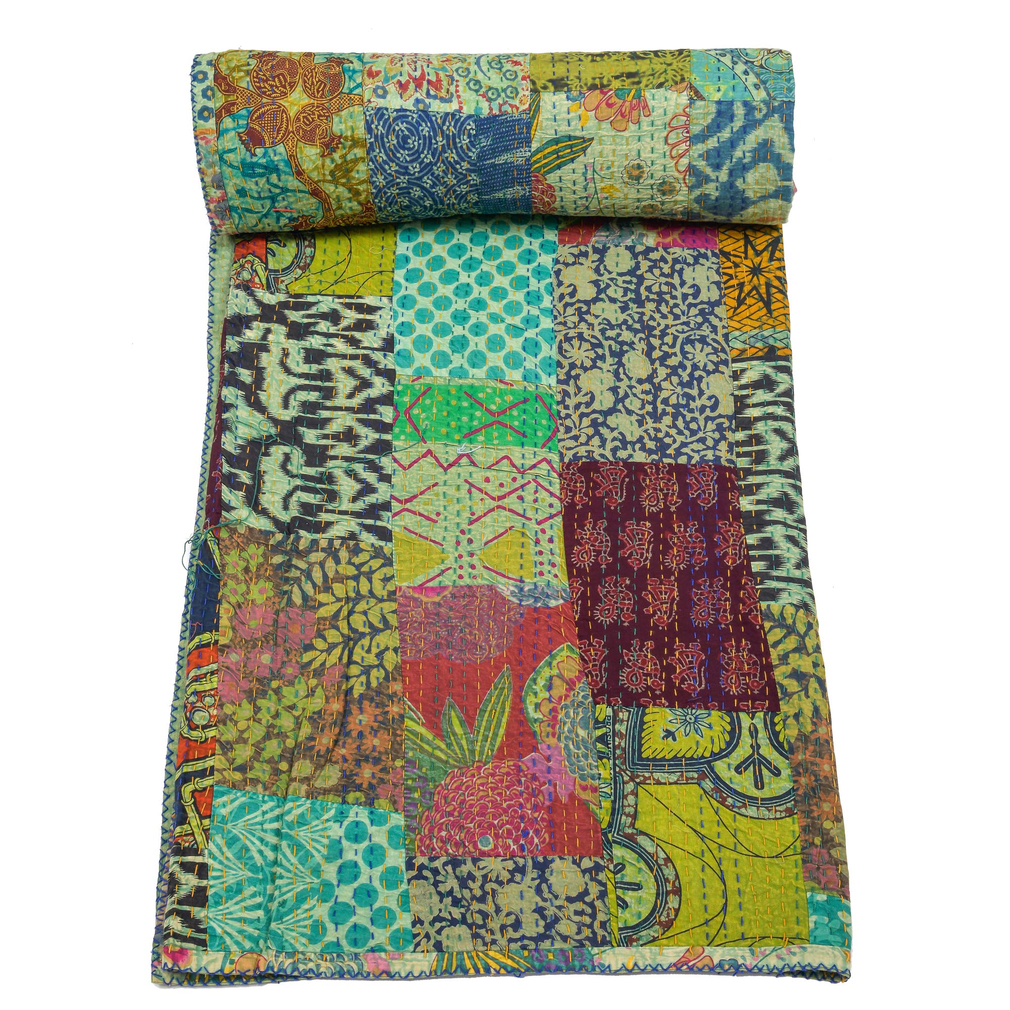 Trapunta Kantha Indiana Fatta A Mano In Cotone: Giallo Paisley, Taglia Queen (228x274 Cm) - 5