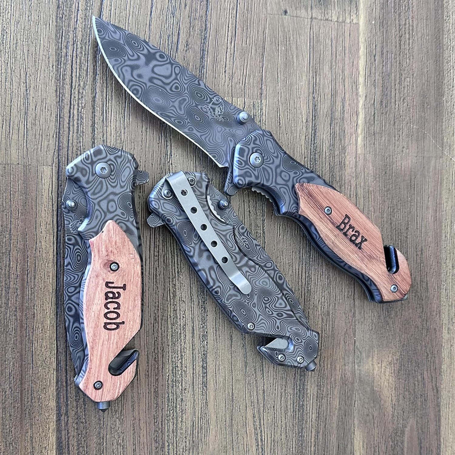 Personalized Pocket Knives, Wood Handle With Belt Clip, Custom Men Utility Knife Engraved from USA
