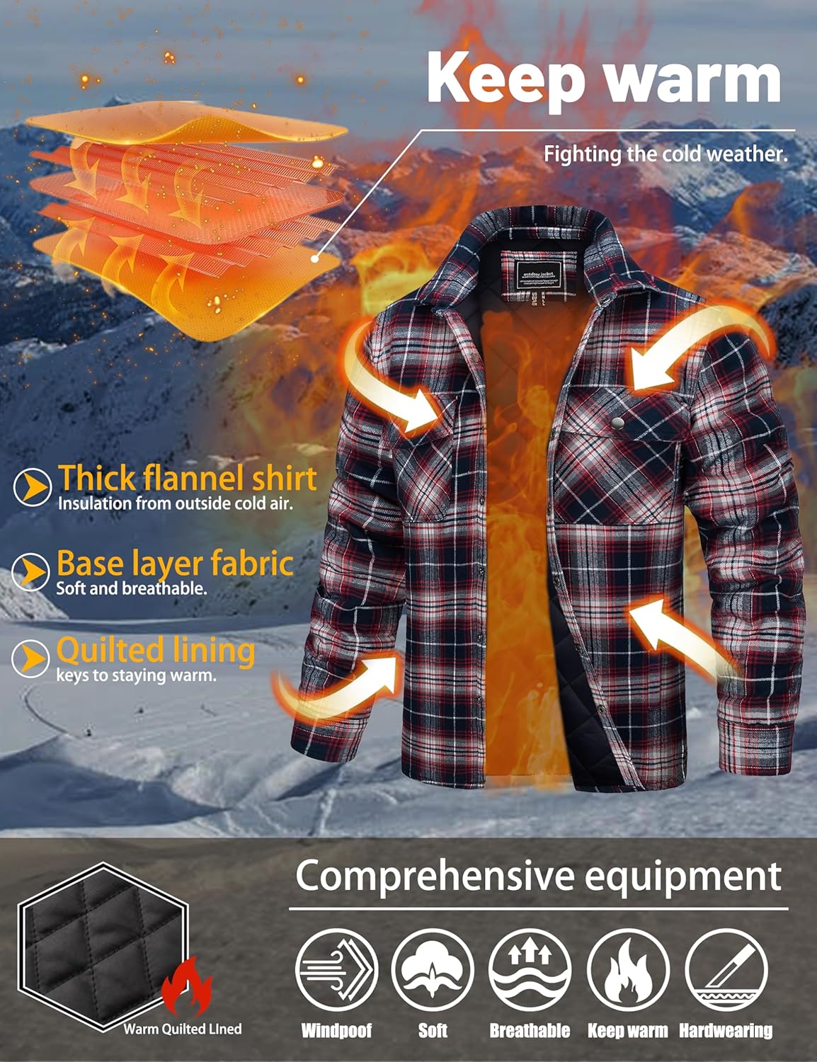 TACVASEN Men's Flannel Shirt Quilted Lined Theraml Winter Coat Button Down Insulated Flannel Shirts Jacket - Image 4