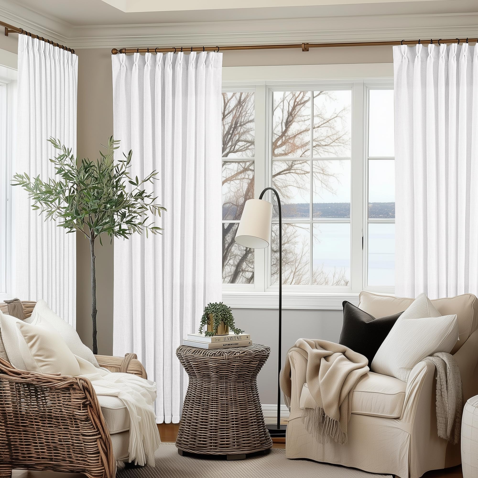 TWODRAPES 60 Inch Width Curtains 96 Inch White Linen Curtains Pinch Pleated