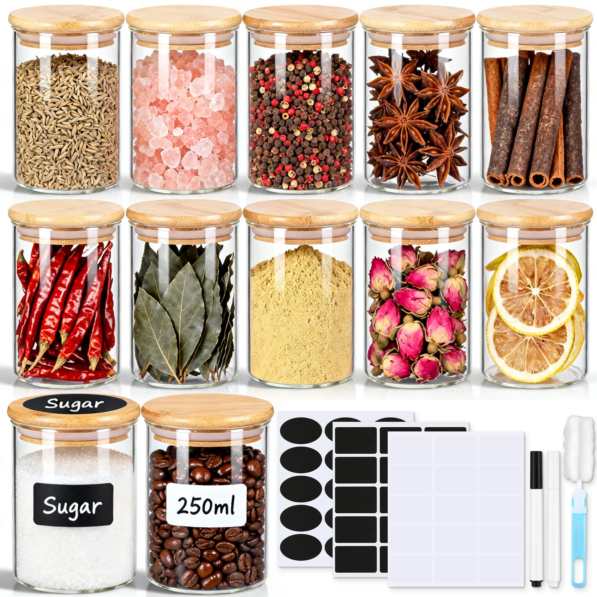 Zelova Glass Spice Jars with Bamboo Lids 12 Pack, 250ml Empty Spice Containers with Labels,Airtight Small Seasoning Jars for Salt, Pepper, Chili Powder, Sugar, Loose Tea Storage