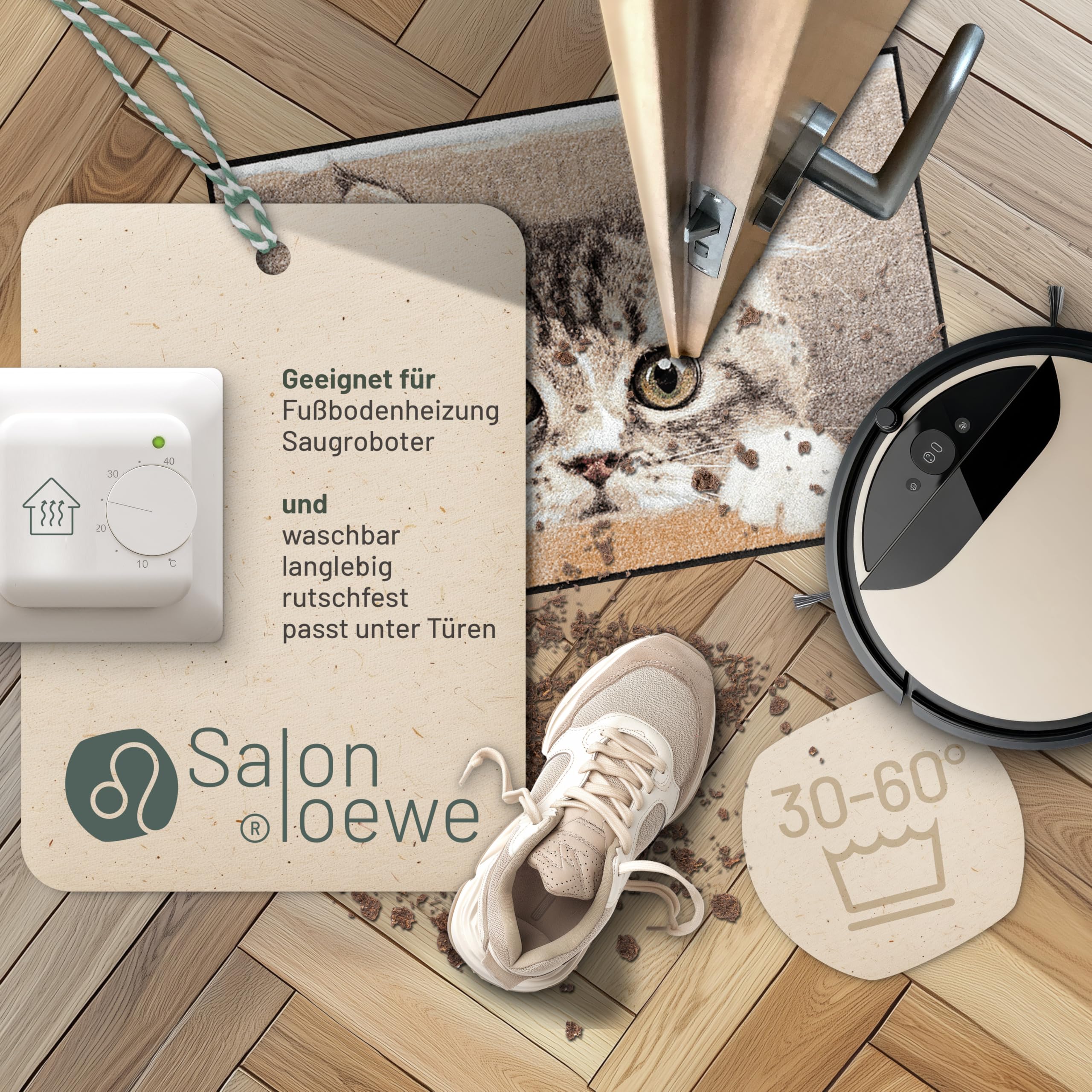 Salonloewe Fußmatte & Eingangsmatte Nosy Cat in beige & Größe 0,50 x 0,75 cm - Fußabtreter & Schmutzfangmatte mit Katzen-Design für den Eingangsbereich