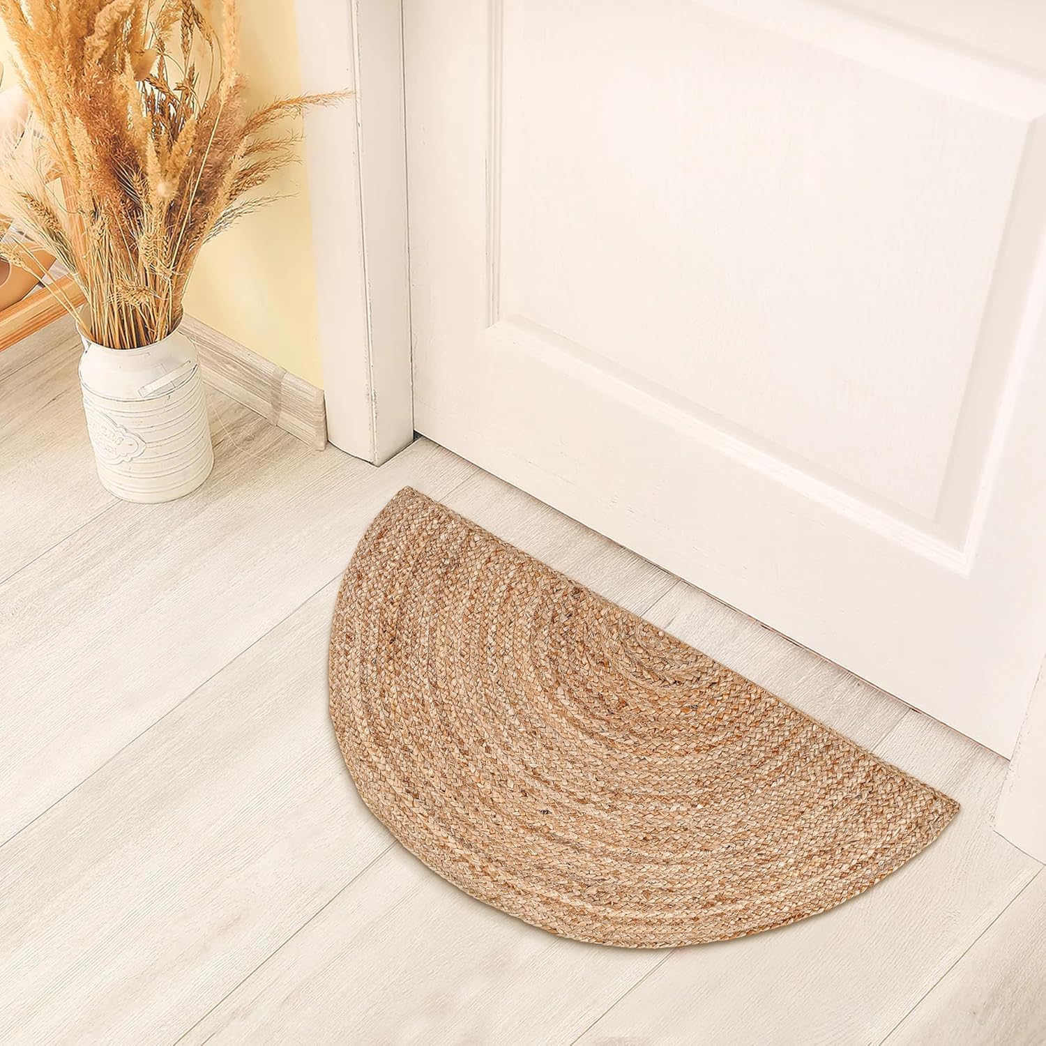 Boho Braided 1.5x3 Area Rug - Jute Natural Fiber Half Circle Rug for Living Room Entryway, Farmhouse, Home Décor, Indoor Rugs Jute Door mat for Bathroom, Kitchen (Natural, 1.5 X 3 ft) Natural 1'6" x 3' (Semicircular)