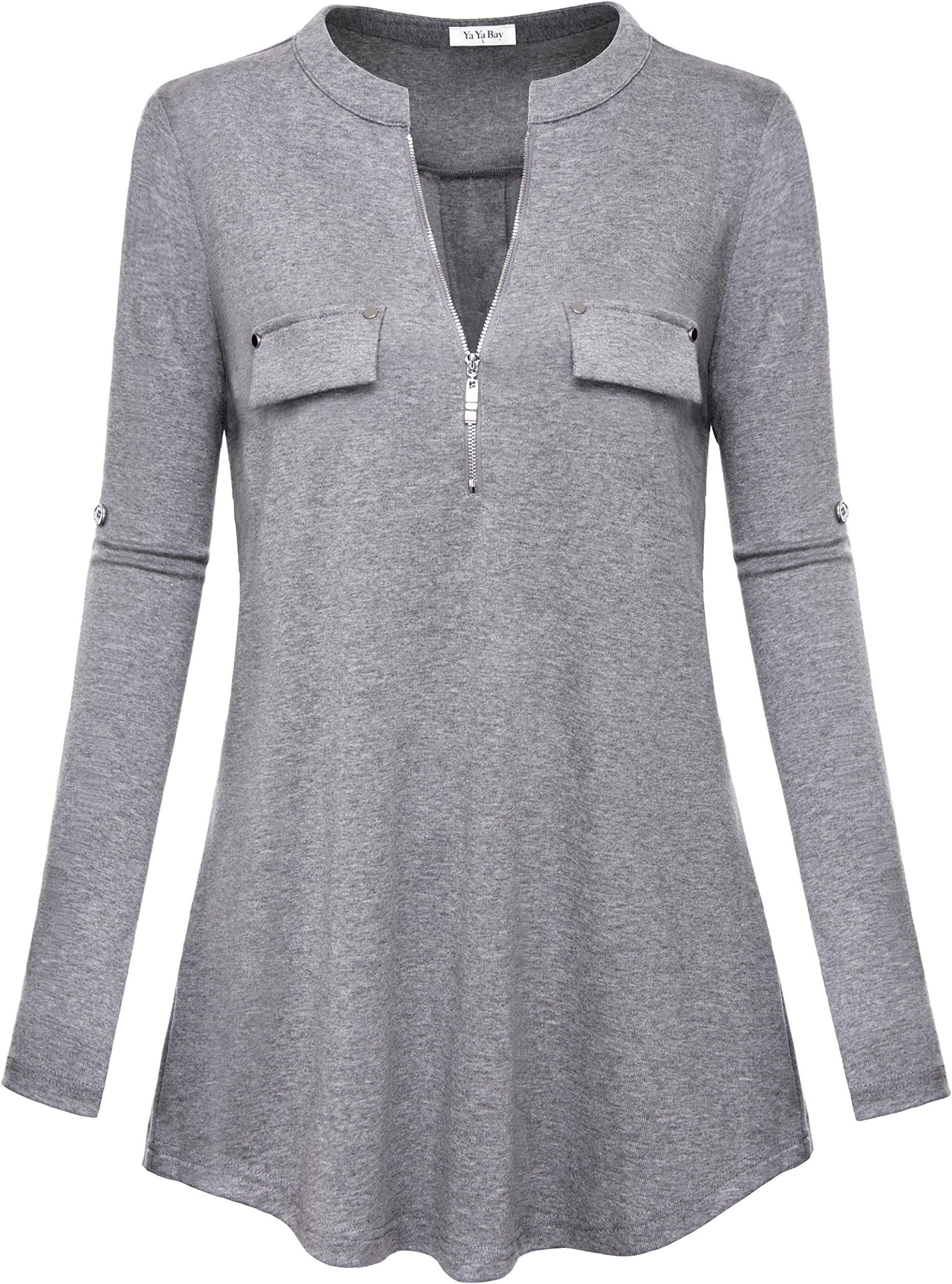 YaYa Bay Women's 3/4 Sleeve Blouse Zipper Henley Shirt Notch V Neck Tunic Tops to Leggings Casual Formal Top