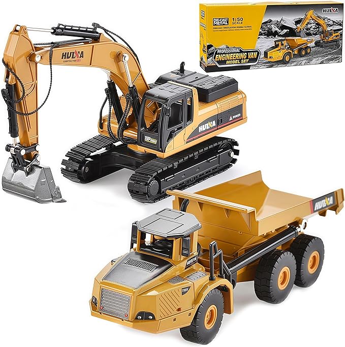 Gemini & Genius 2-Piece Construction Vehicle Set - 1/50 Scale Metal Dump Truck & Excavator Toys For Kids