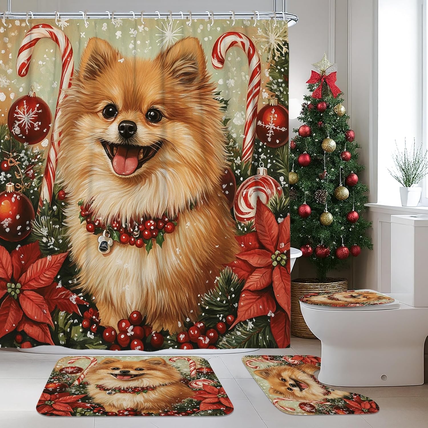4PCS Christmas Pomeranian Dog Bathroom Sets with Non-Slip Rug, U Shape Toilet Lid Cover Mat, Xmas Candy Poinsettia Puppy Bathroom Decoration 72''x72''