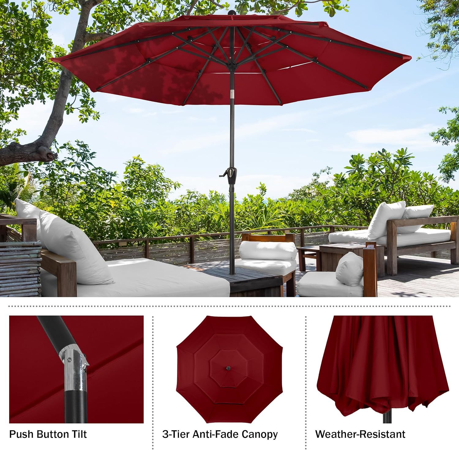 Pure Garden 10FT 3 Tier Patio Umbrella - Auto Tilt, Easy Crank Outdoor Umbrella for Shade Canopy for Deck, Balcony, Porch, Backyard, or Pool (Maroon Red)