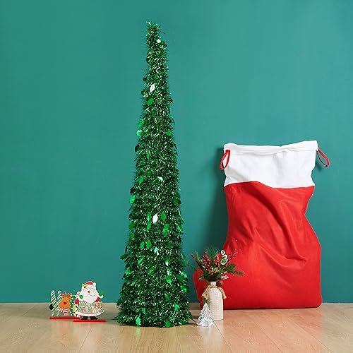 Miniatura 7 de CCINEE Árbol de Navidad de oropel plegable de 5 pies, fácil de montar, árbol de Navidad de oropel verde para fiestas, hogar, oficina, tienda,