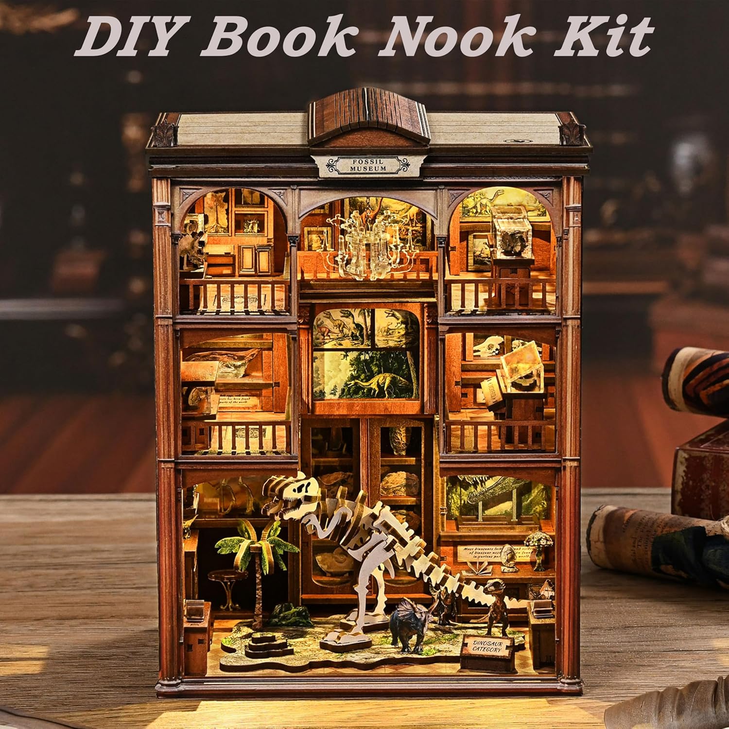 ISSEVE Book Nook Kits for Adults, DIY Booknook Kit Miniature Dollhouse Book Nooks, 3D Wooden Puzzle Model Building Creative Bookshelf Home Decoration Adult Crafts Kits Gift (Dinosaur Fossil Museum)