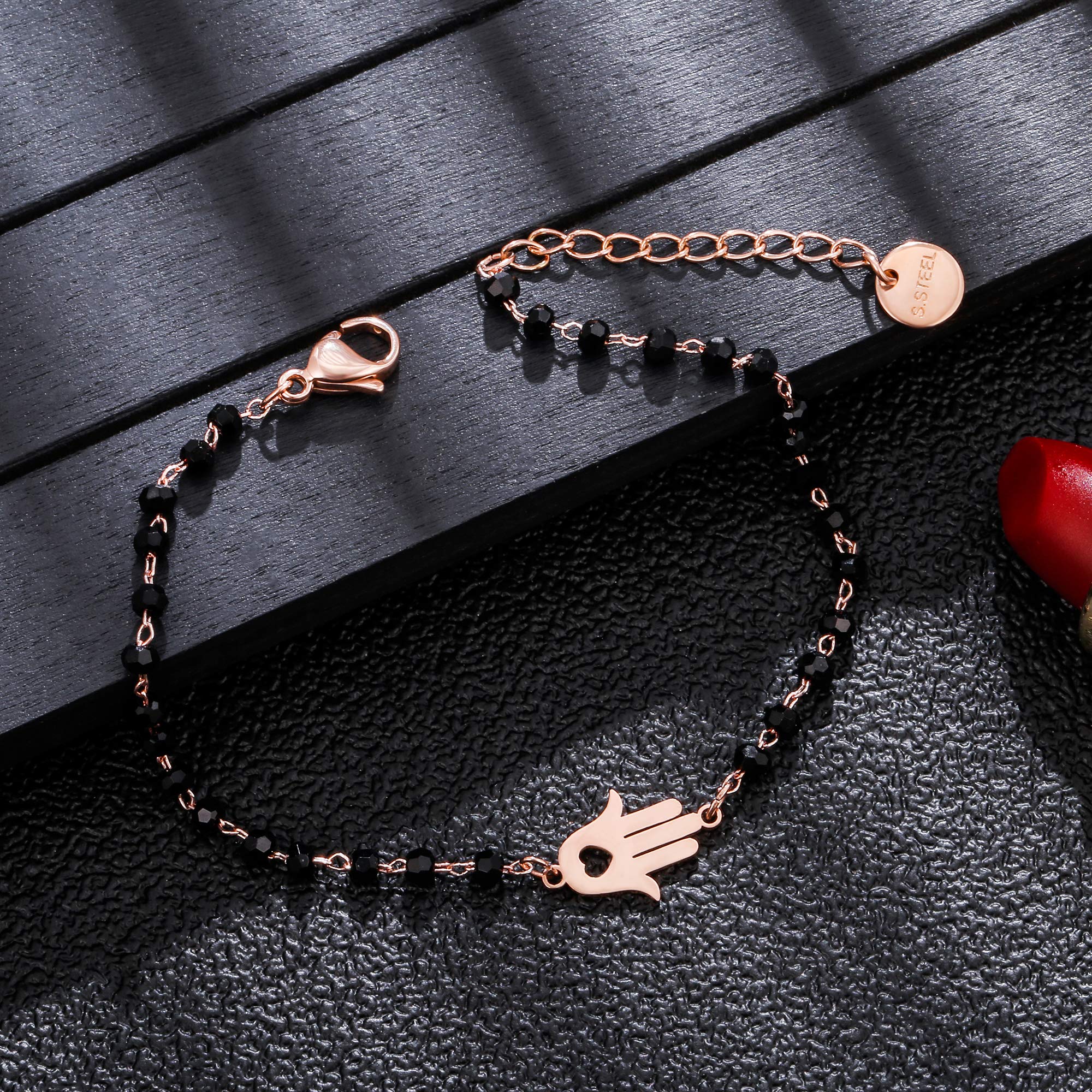 pengjin-Bracciale con ciondolo a quadrifoglio portafortuna, in acciaio inox, con perline nere, semplice braccialetto portafortuna