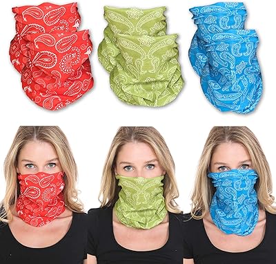 Triple9 Balaclava Dust Mask | 6PK Neck Gaiter for Men and Women | Bandana Face Mask | (Red, Green, Light Blue)