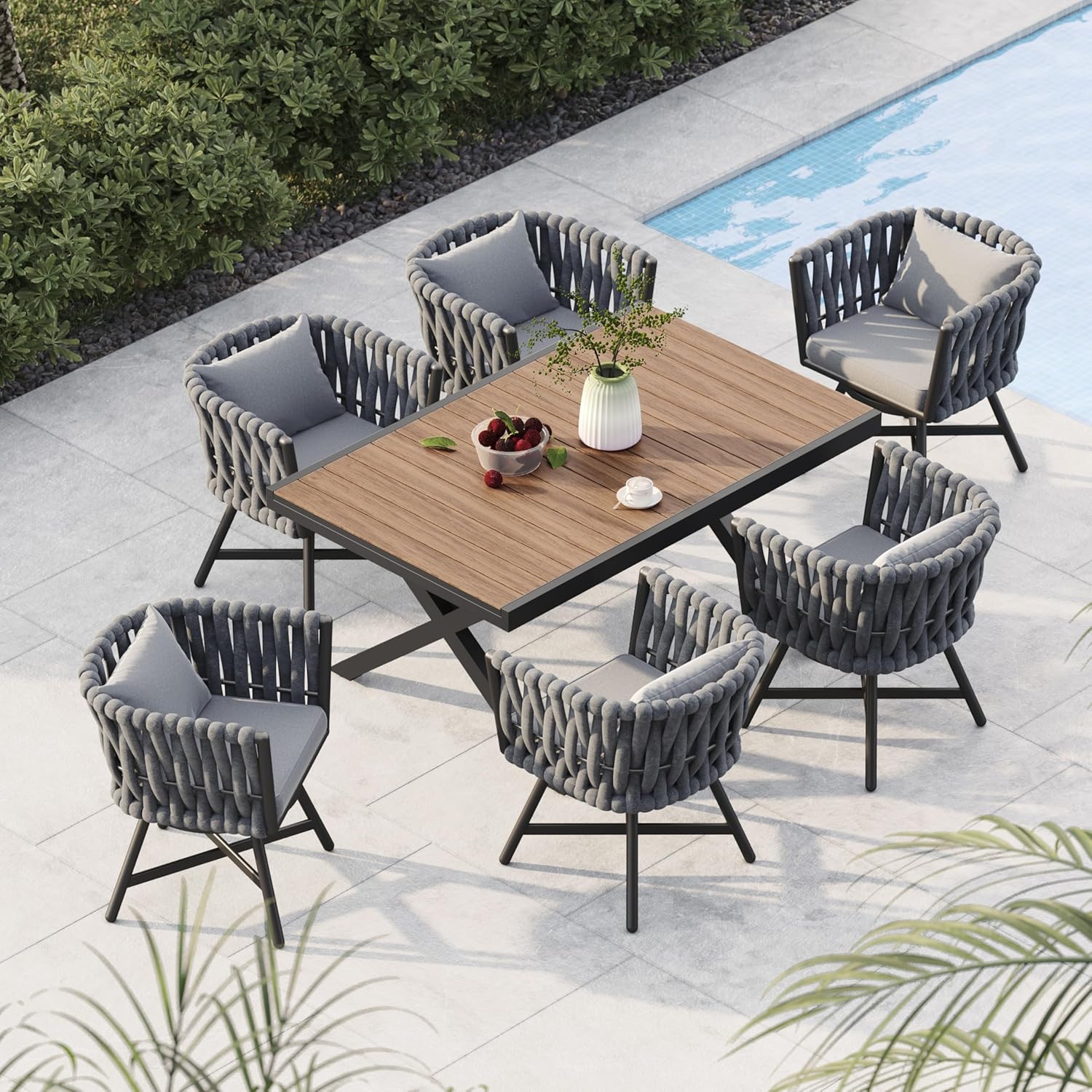 Grand patio 7-Piece Outdoor Dining Set for 6, Patio Dining Furniture Set for 6 Swivel Rope Wicker Chairs & 1 Extendable Rectangular Dining Table, Dark Grey