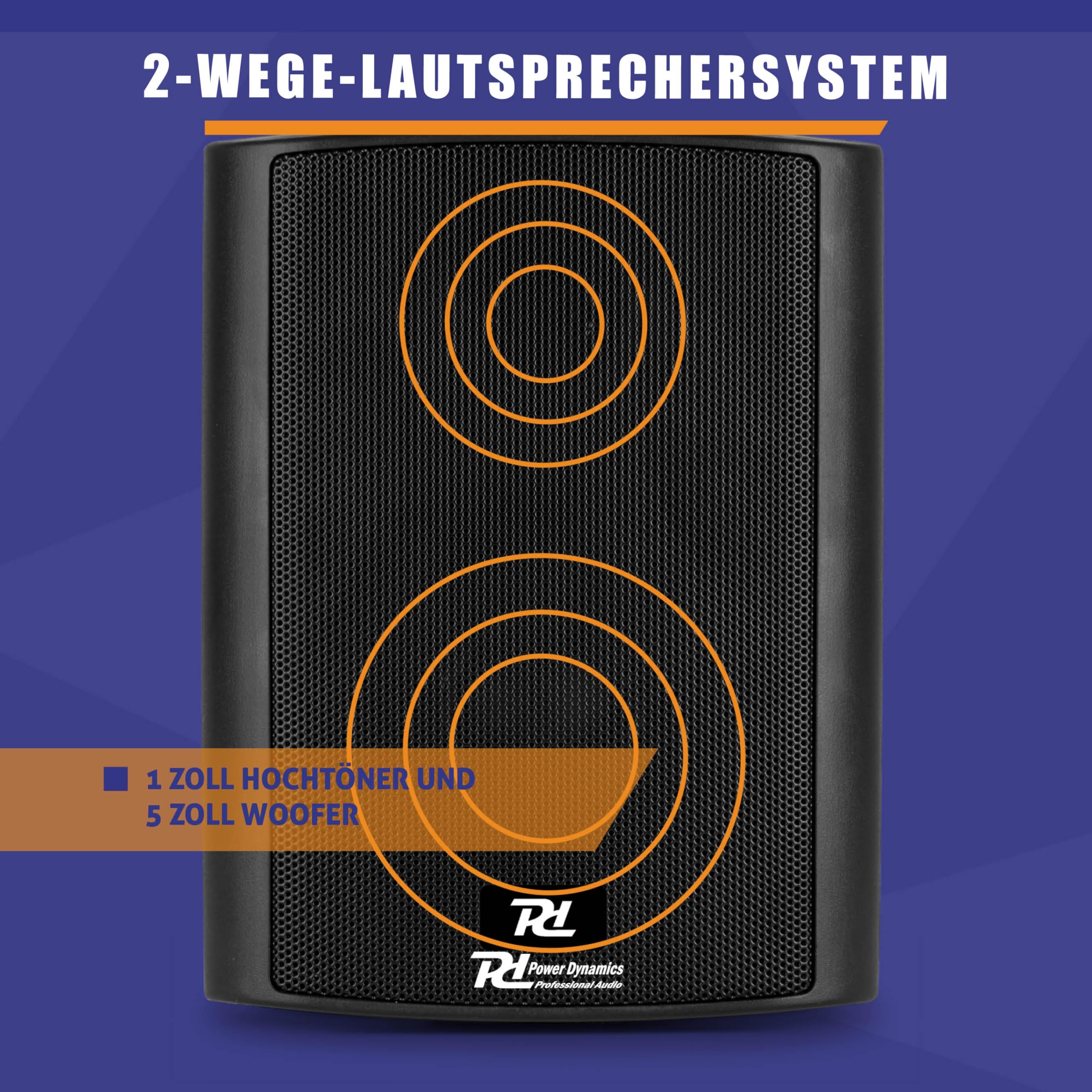 Power Dynamics ODS50B - Lautsprecher Boxen - 2er Set - 100 Watt - 2-Wege Wandlautsprecher für die Festmontage an Wand und Decke - Boxen Set für Zuhause, Gastro, Bars, inkl Montagebügel - Schwarz