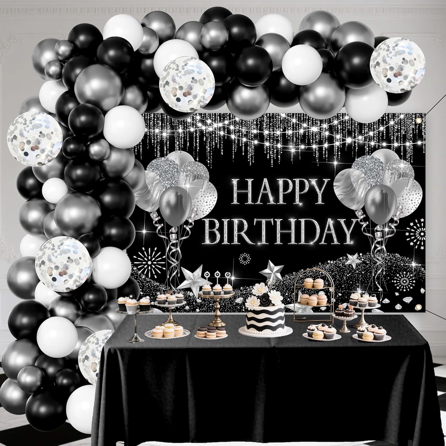 Black Birthday Party Decorations for Men Women,Black and Silver Balloon Arch Garland,Happy Birthday Banner Backdrop