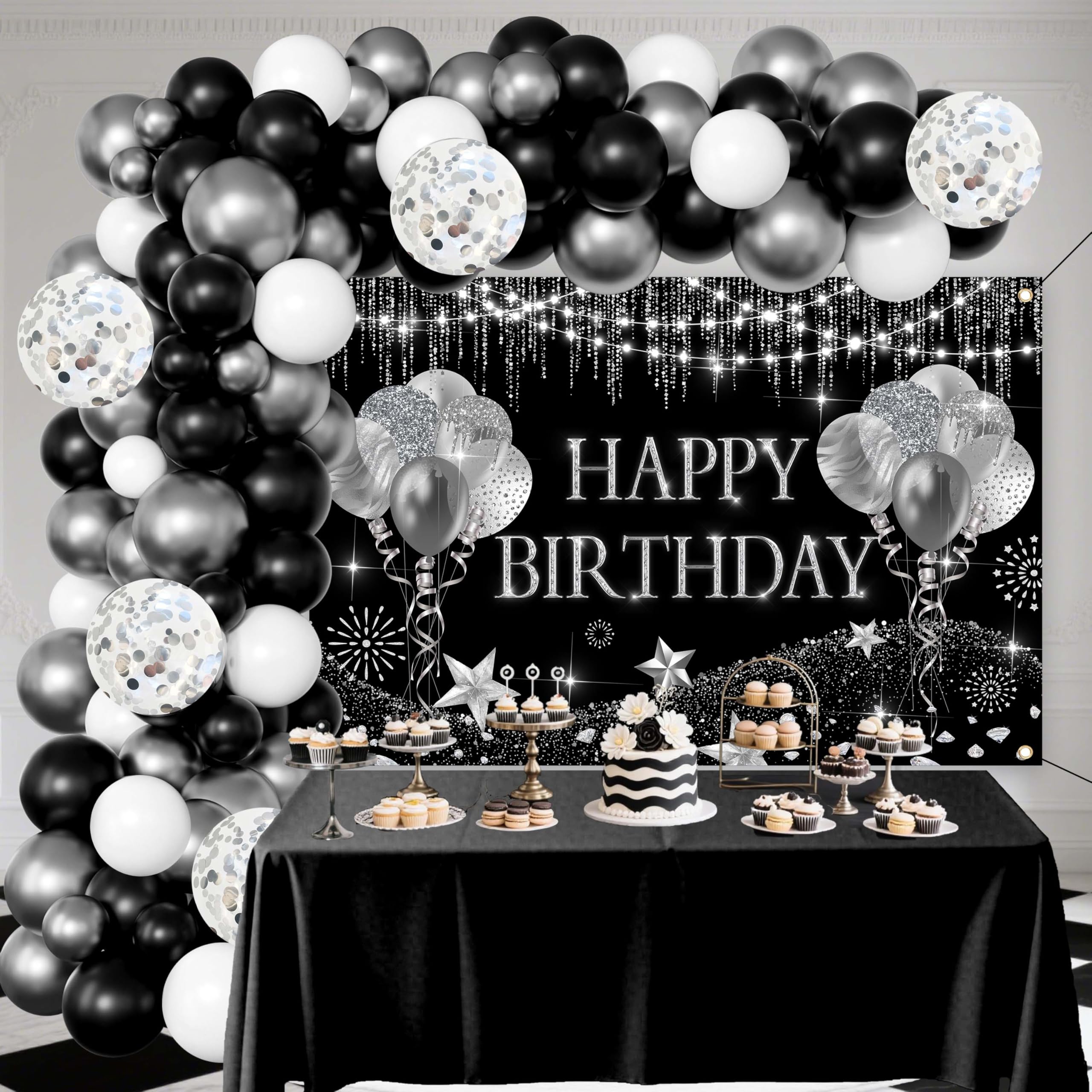 Black Silver Birthday Decorations - 73Pcs Balloon Arch Garland Kit with 5x3ft Fabric Backdrop, 12/10/5 Inch Confetti Latex Balloons for Men Women 18th