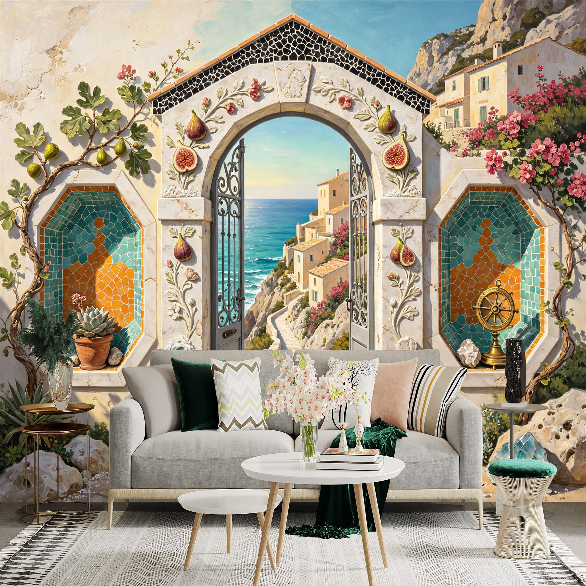 Custom Size Wall Sticker Mural， Mediterranean Coastal Archway， Ocean View Path， Floral Mosaic Wall Art， for wall Decoration， peelandstick wall Decals.