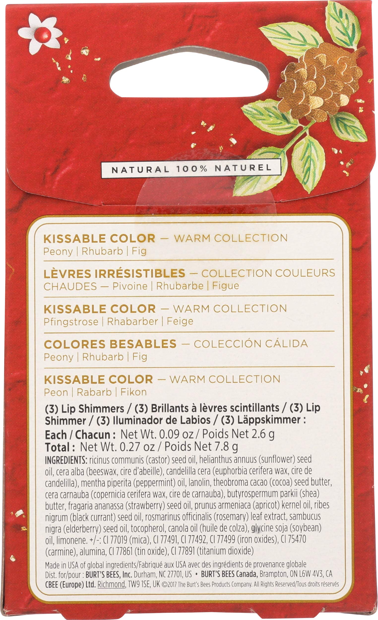 Burt's Bees Kissable Color Holiday Gift Set, 3 Lip Shimmers in Gift Box, Warm Collection in Peony, Fig & Rhubarb