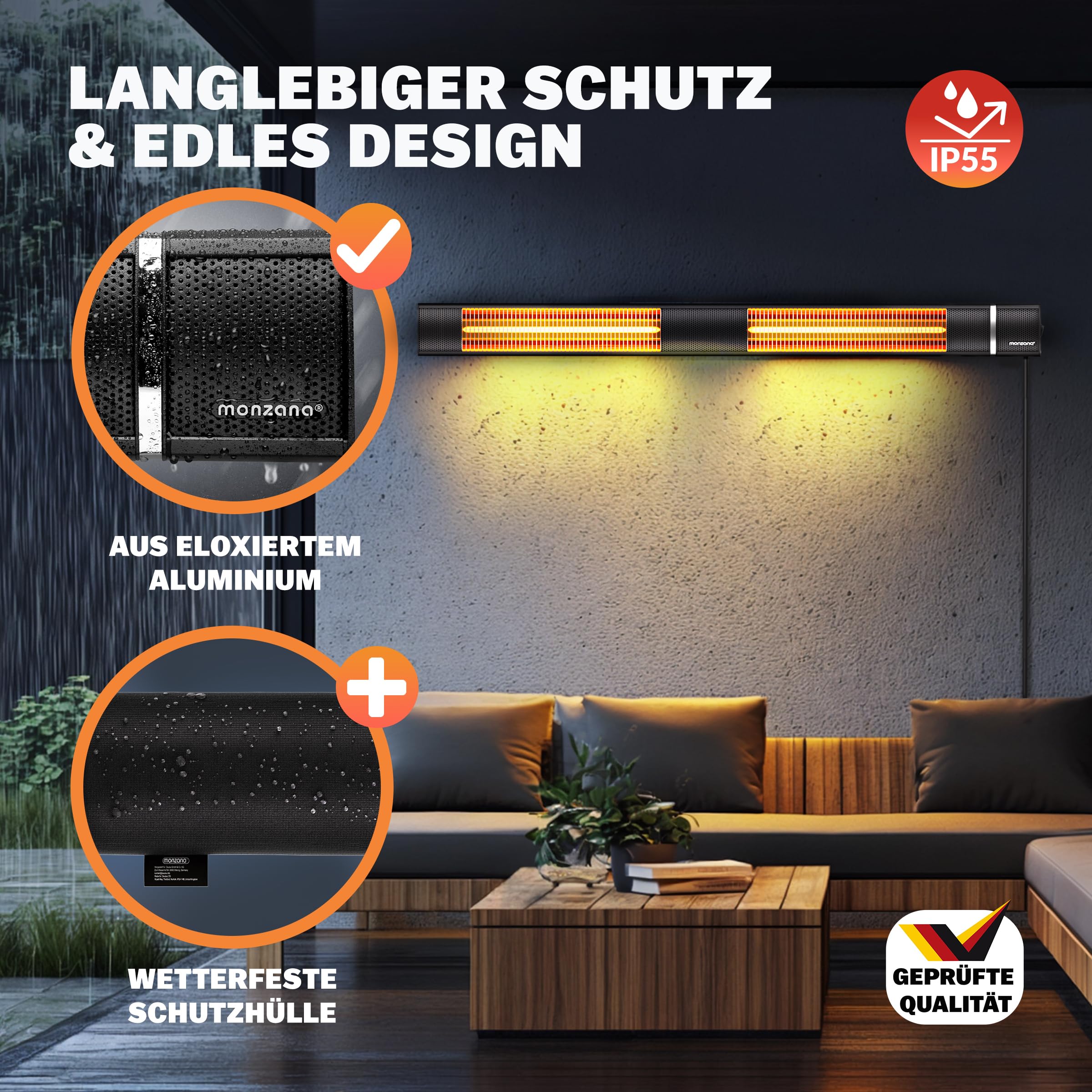 MONZANA® Calefactor por Infrarrojos 3000W de Pared Estufa Terraza Exterior 3 Temperaturas Control Remoto App