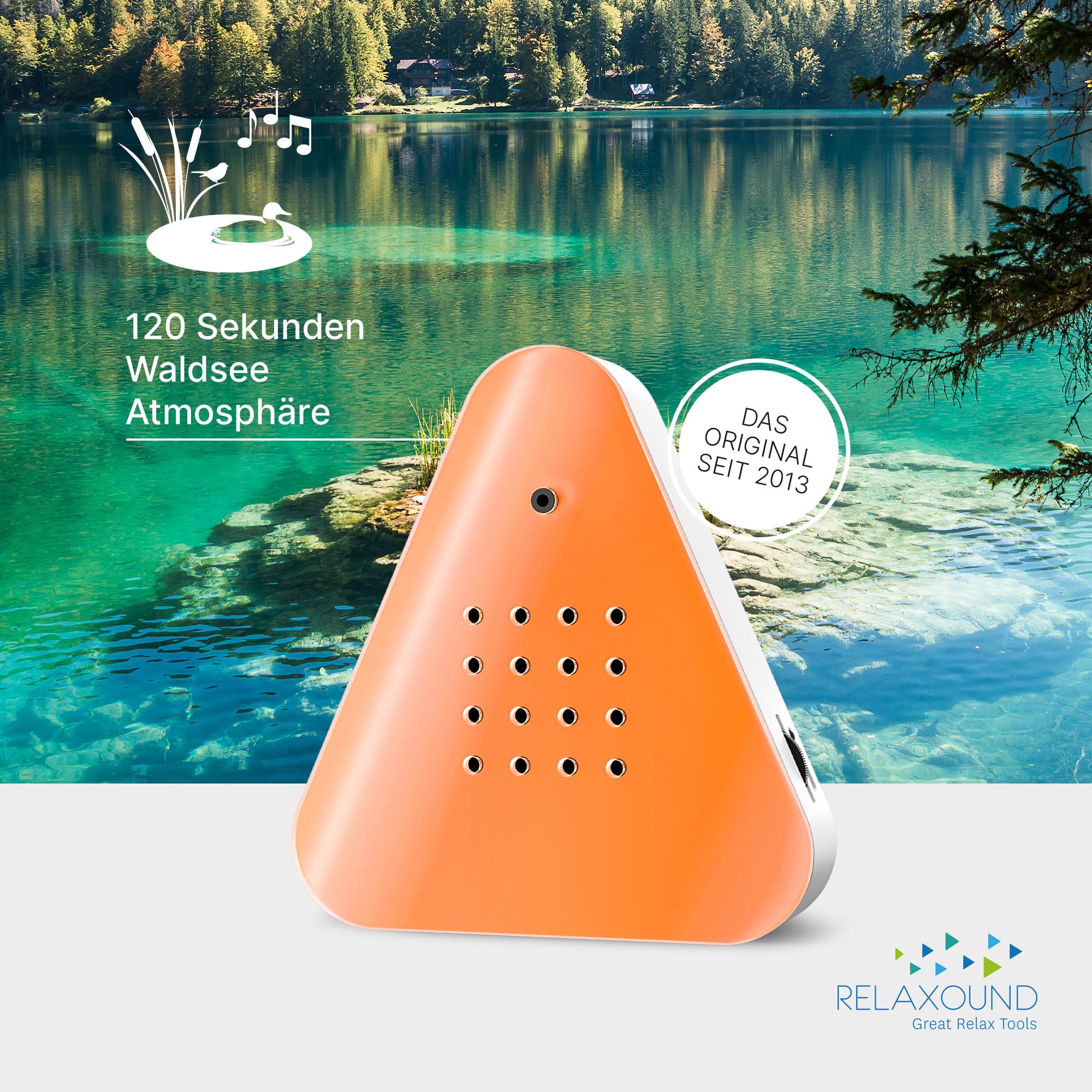 RELAXOUND ORIGINAL Lakesidebox "Orange" – Moderne Naturgeräusche Box – Entspannende Waldsee-Atmo – Bewegungsmelder mit Sound – Naturgeräusche Soundbox