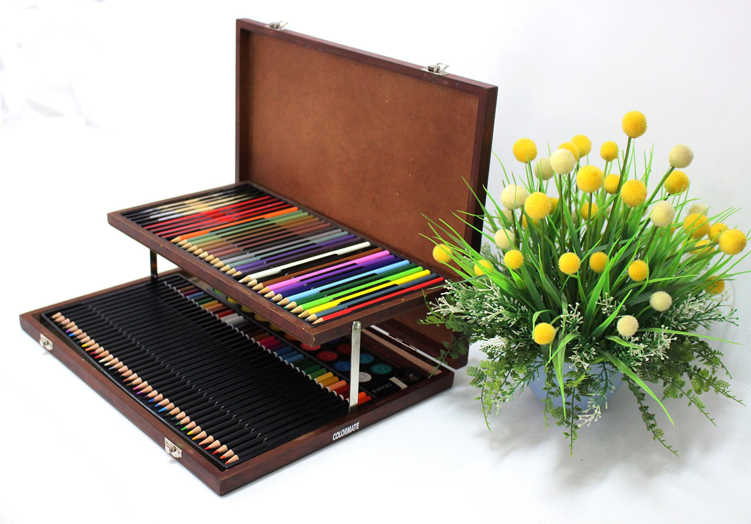 Multi Colored Pencils Kit of 92 Pieces, Color Pencils, Water Color Cakes, Brushes, Eraser, Sharpener in Beautiful Wooden Case. Perfect Gift To Wake Up Creativity, Art Drawing For Babies