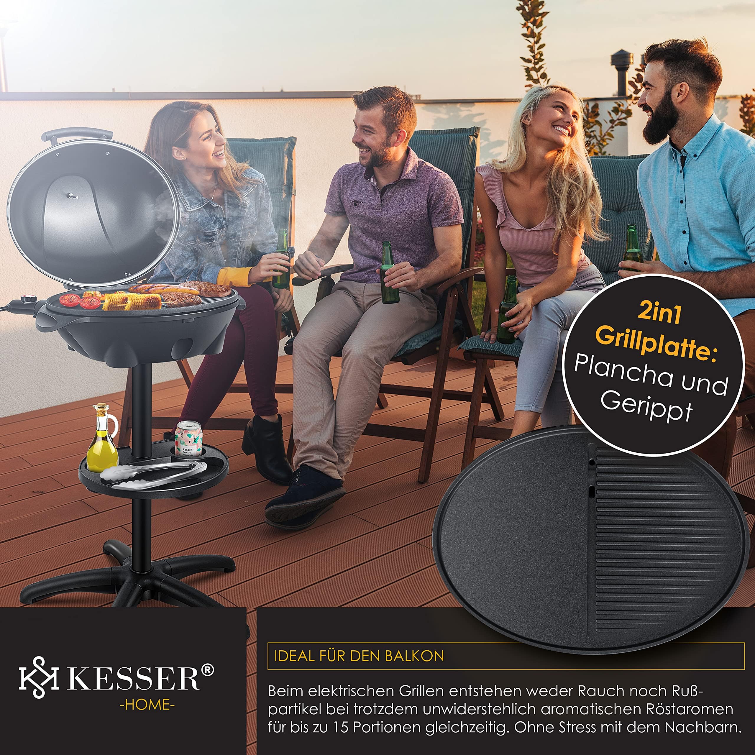 KESSER® elektrischer Elektrogrill 2in1 Tischgrill - Standgrill mit Deckel Standfuß | max. 2400 Watt Thermometer | Antihaftbeschichtung | XXL Grillplatte | integrierte Ablagefläche Elektro-Säulengrill