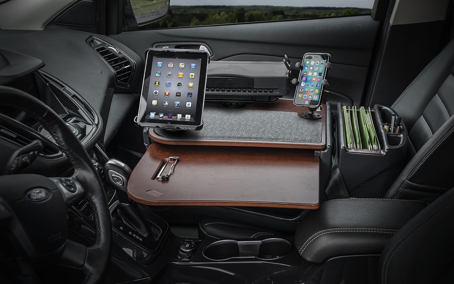 AutoExec AUE18375 GripMaster Car Desk Mahogany Finish with Built-in 200 Watt Power Inverter, Printer Stand and Tablet Mount : Automotive