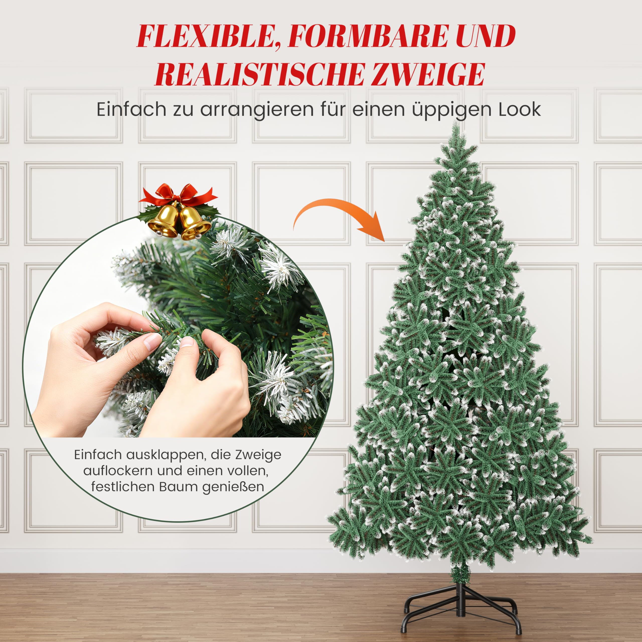 Beflockter Weihnachtsbaum 1,8 m (6 ft) – Künstlicher Schneebeflockter Tannenbaum mit 850 Spitzen, Realistischer Weiß-Grüner Look, Stabiler Metallständer, Weihnachtsdeko für Innen und Außen