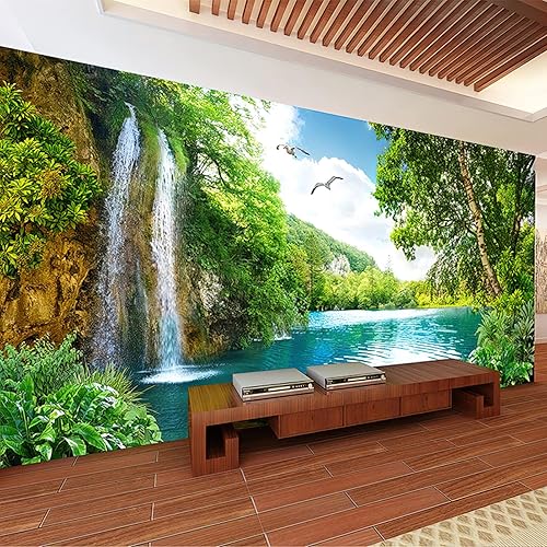 Miniatura 2 de Papel tapiz fotográfico 3D de cascada de montaña verde, mural de paisaje de gaviota, decoración de pared para sala de estar, dormitorio, fondo de