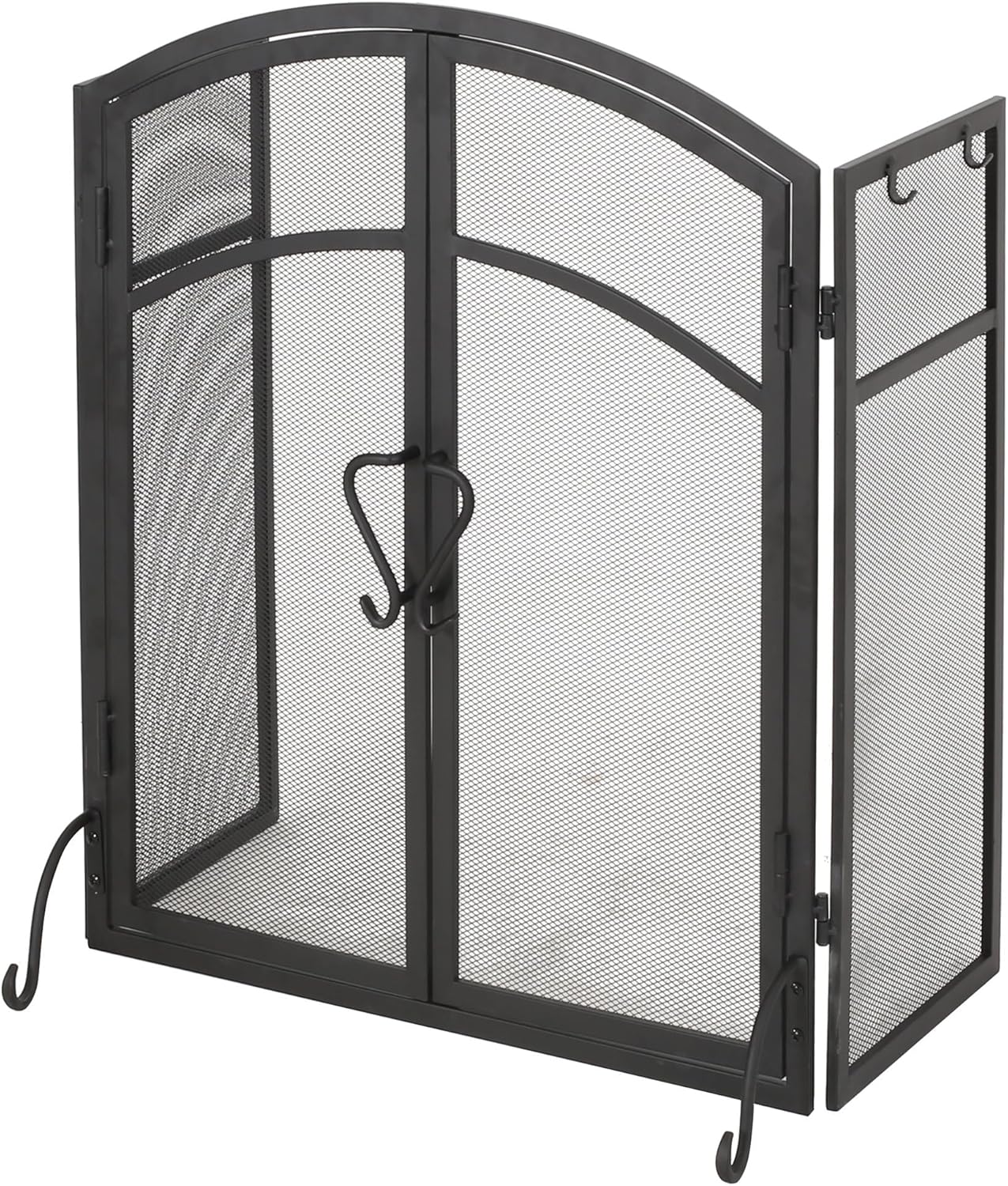 Modern Iron Folding Fireplace Screen with Doors, Decorative 4-PCS Tool Set Fire Spark Protector Cover, Solid 3-Panel Spark Guard Fence Heavy Duty Mesh Cover for Indoor Use, 50.5"W x 32"H, Matte Black