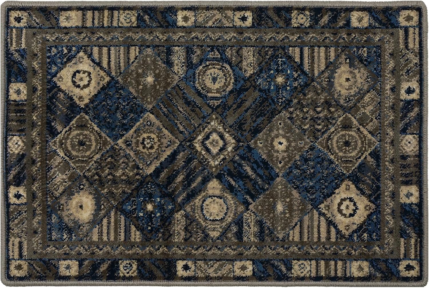 WESTLOOM Modern Abstract Area Rug 2x3 Small Area Rug Boho Tribal Area Rug Vintage Distressed Area Rug Non-Slip Floor Carpet for Bedroom Living Room Kitchen Nursery, 2' x 3' Grey/Blue