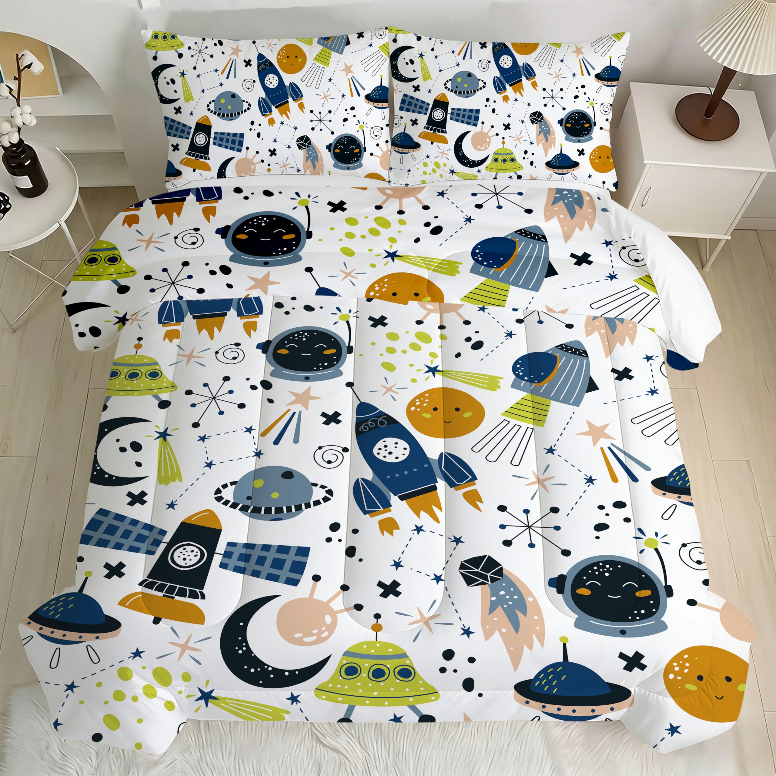 Weltraum Vierjahreszeiten Steppdecke 140x200,Bettdecke 4 Warme Jahreszeiten, Universum Planet Rakete Bettdecke ohne Bezug Waschbar Schlafdecke mit 2 Kissenbezug 80x80cm (HJ-A, 140x200cm+80 * 80 * 2)