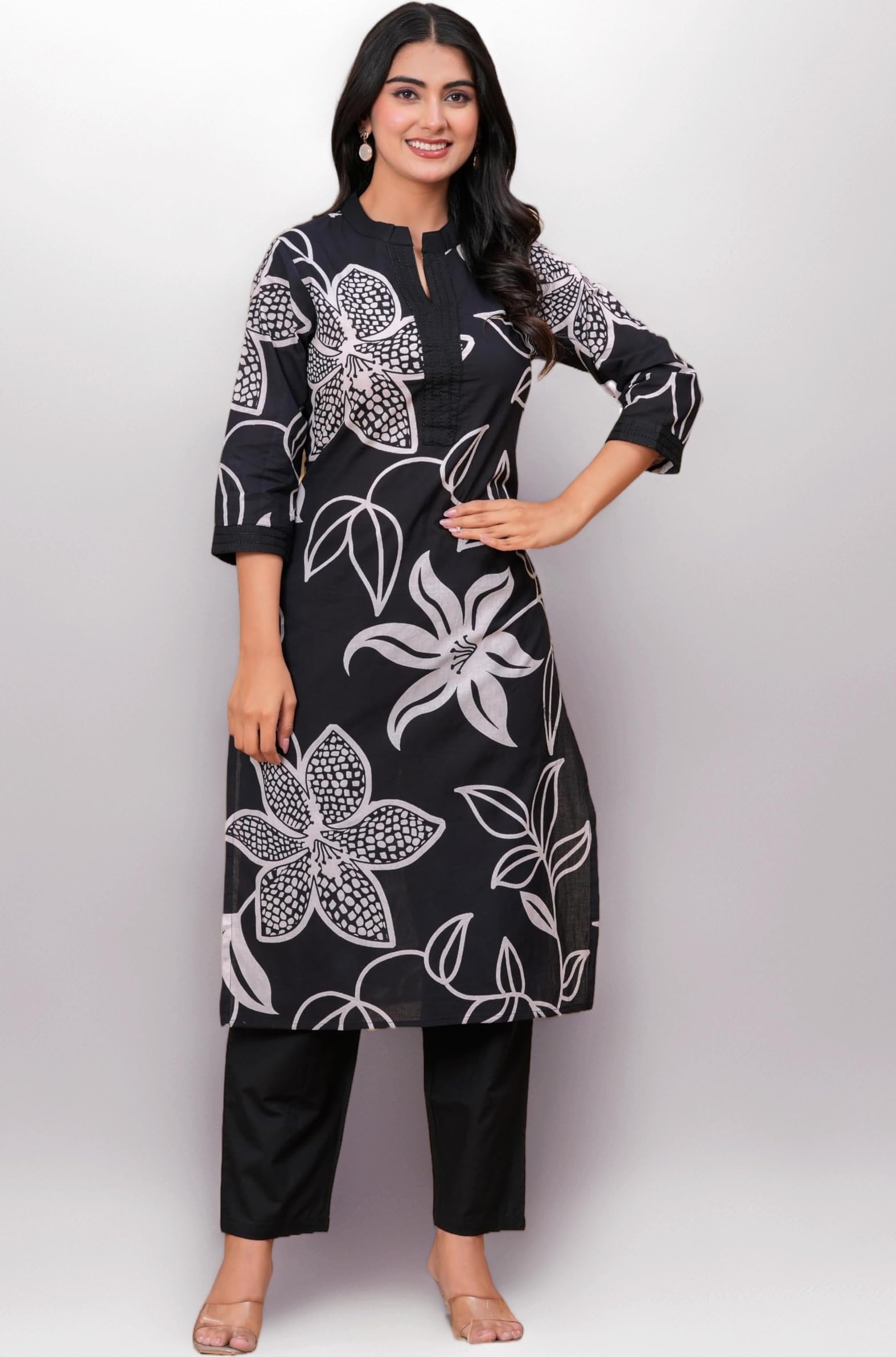 Women's Pure Cotton Printed Ethnic Wear Straight Kurta Set with Palazzo Pants