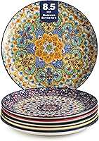 Bohemian Salad Plate Set of 6 - 8.5 Inch Colorful Ceramic Dinner Plates for Pasta, Dessert, Steak, Appetizers - Microwave & Dishwasher Safe