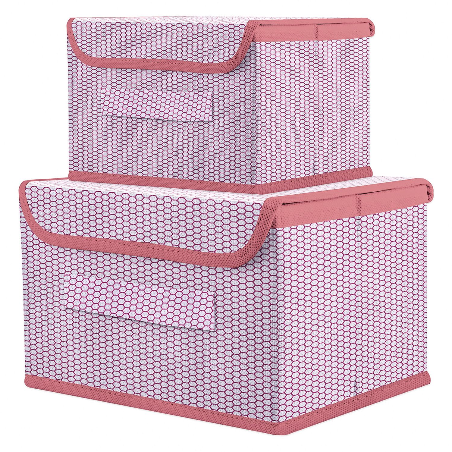 Kuber Industries Drawer Storage Box | Zig Zag Storage Box With Lid | Non-Woven Clothes Organizer | Storage Box with Handle | M | L | Pack of 2 | Pink