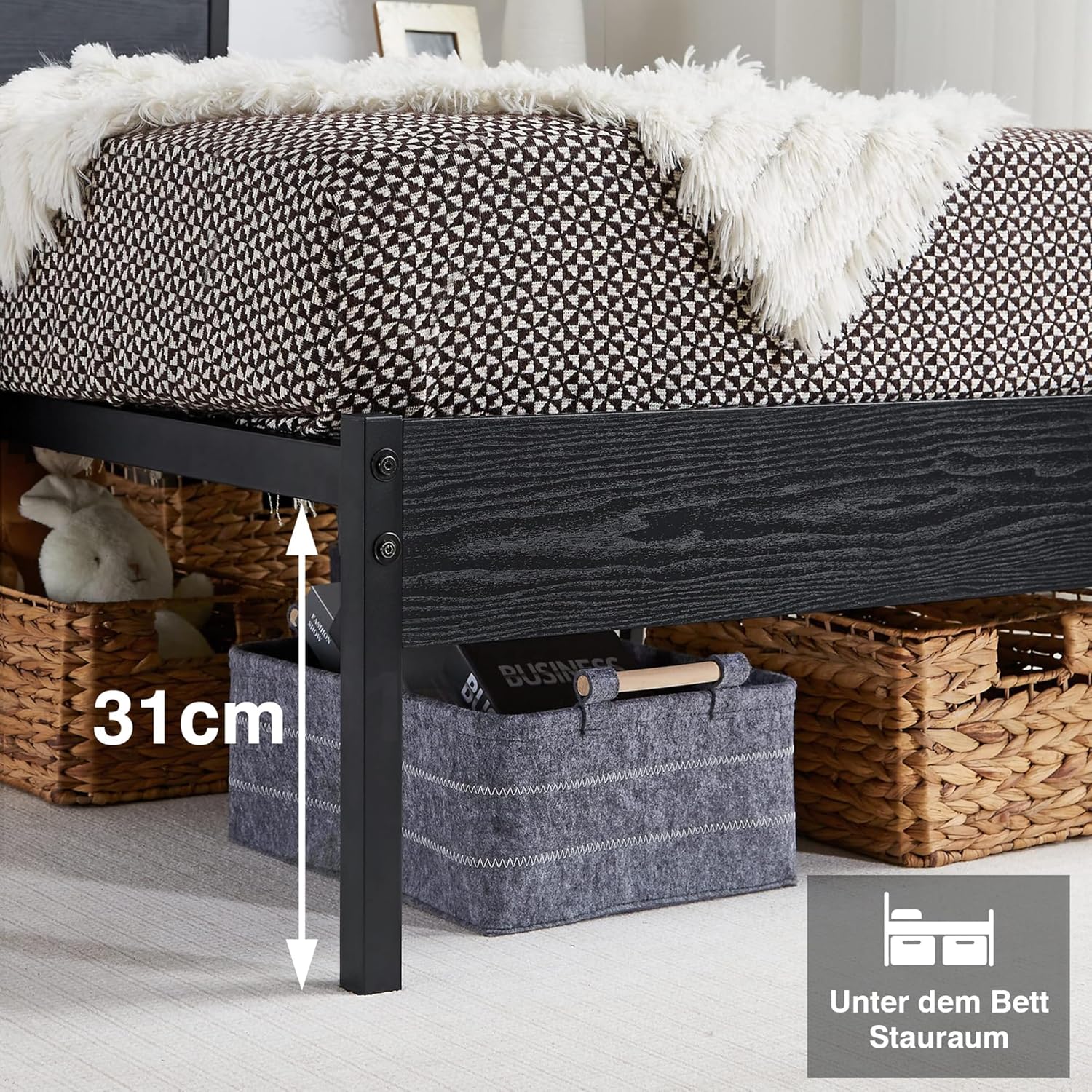 VECELO bed frame demonstrating under-bed storage space.