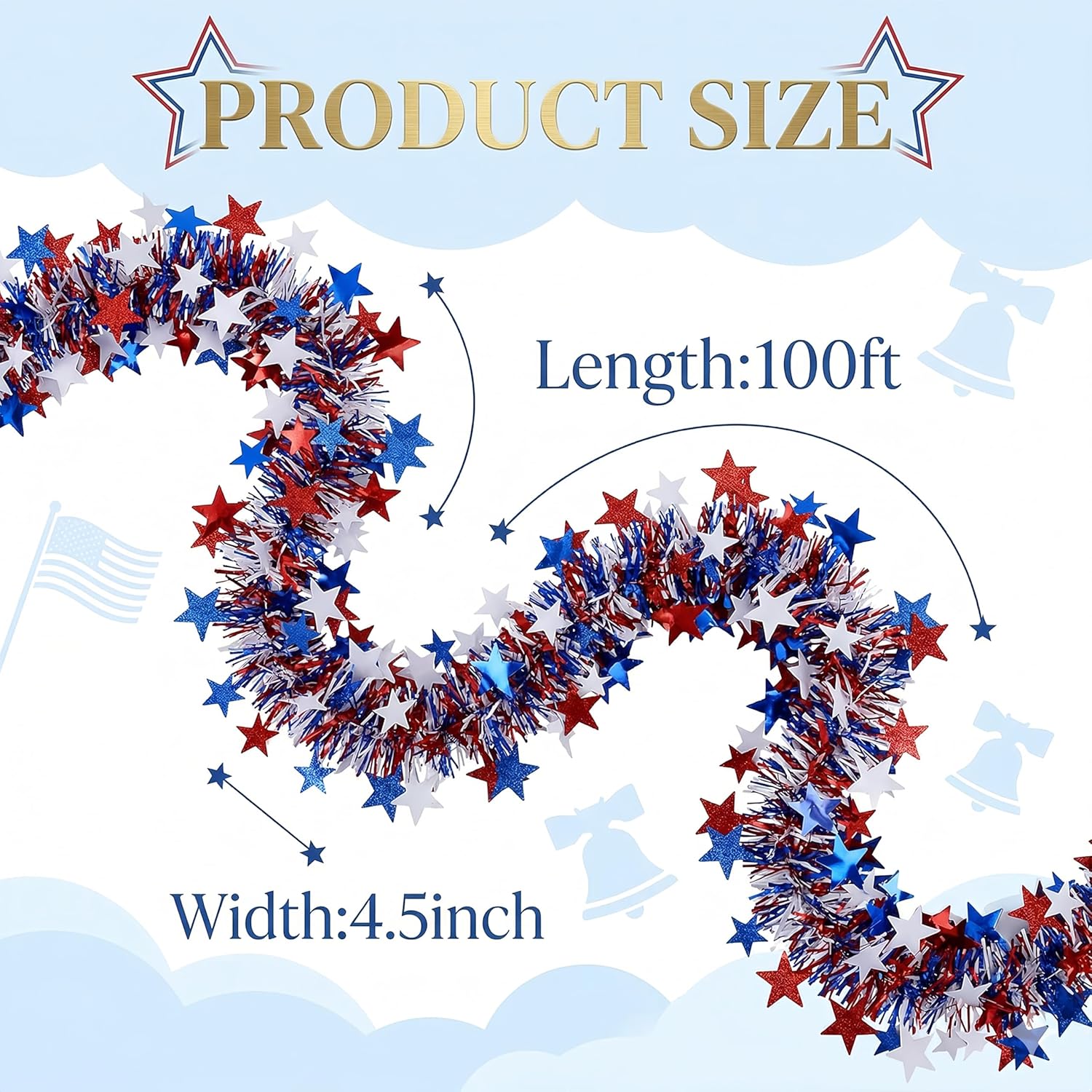100Ft Patriotic Tinsel Garland 250th Anniversary, Red White and Blue Metallic Glitter Garland, Fuller Fluffy No-Shed, Flexible Adjustable for 4th of July Independence Day Indoor Outdoor Decor