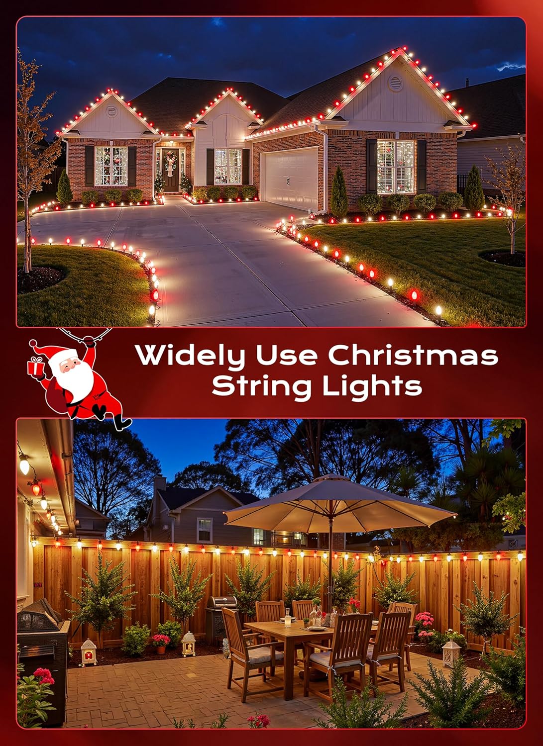 C9 LED Christmas Lights Outdoor, 50 FT 50 Red and Warm White Connectable C9 String Lights for Christmas Tree Patio Roofline Garden Backyard Holiday Party Indoor Outdoor Decoration, Green Wire