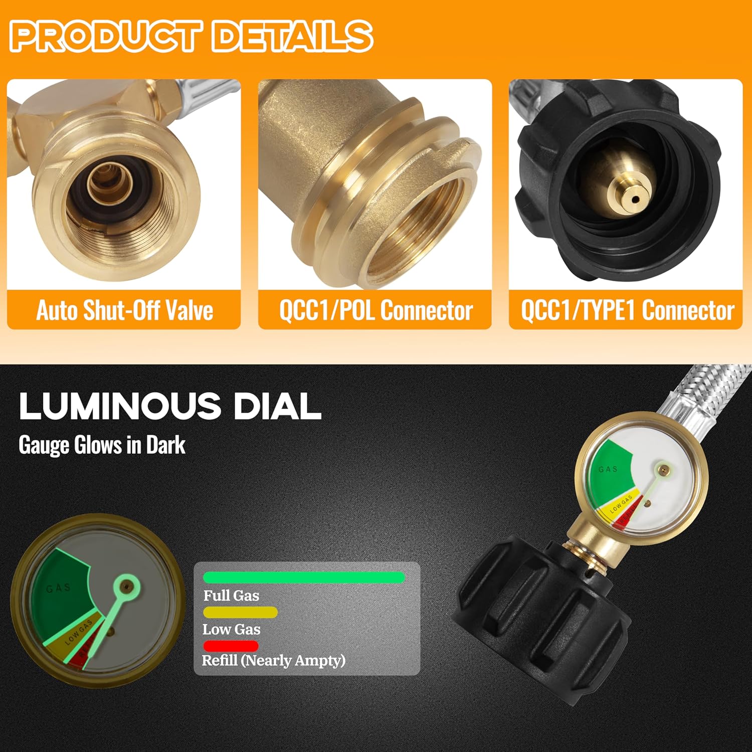6FT Propane Hose with Propane Splitter 2 Way and Gauge, Propane Y Splitter Adapter with Shut Off Valve, Two Way LP Gas Adapter Connector for 20lb Propane Tank,Camping Stove,Heater,Gas Burner,BBQ Grill